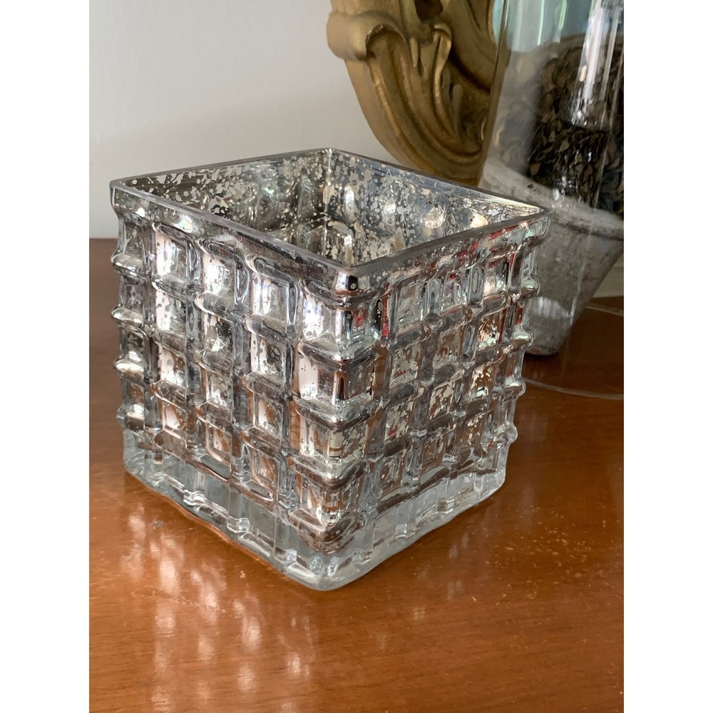 Mercury Glass Square Vase Silver Textured Grid Planter Candle Holder 4.5in